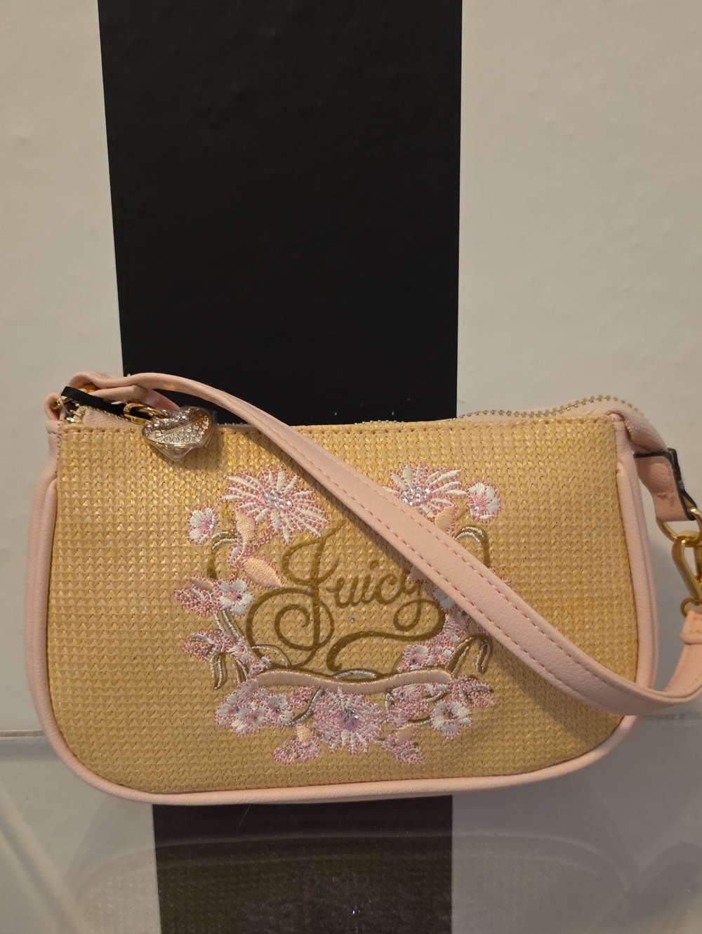Juicy Couture Straw Mini Shoulder Bag in Beige with Pink Trim